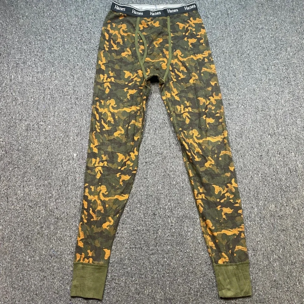 Hanes Originals Thermal Long John Pants Sz S Mens Green Camo Waffle Knit Bottoms
